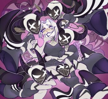 Rule 34 | 6+girls, angel wings, black halo, black shirt, blush, breasts, commentary, elbow gloves, english commentary, fang, gloves, grey hair, grin, halo, hazbin hotel, hellaverse, horns, hugging own leg, large breasts, looking at viewer, lute (hazbin hotel), multiple girls, pinkittia, shirt, short hair, smile, teeth, white hair, wings, yellow eyes, yuri