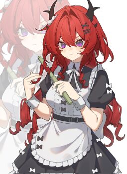 1girl alternate_costume apron arknights belt belt_buckle black_belt black_dress black_horns buckle chinese_commentary closed_mouth collared_dress commentary_request corrupted_twitter_file dress enmaided frilled_apron frills hair_between_eyes hair_intakes hair_ornament hairclip highres holding horns long_hair maid maid_apron puffy_short_sleeves puffy_sleeves purple_eyes red_hair short_sleeves solo surtr_(arknights) sweatdrop white_apron white_background wrist_cuffs x_hair_ornament yixiaoyi zoom_layer