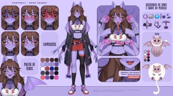 1girl anger_vein animal animal_ears arthropod_girl asymmetrical_legwear bat_ears bat_wings blood blood_on_face blood_on_hands bloody_weapon brown_hair bug cat check_commentary check_translation choker colored_skin commentary commentary_request dante_will english_text extra_arms extra_eyes fangs fingernails hair_ornament highres holding holding_knife indie_virtual_youtuber insect_girl knife lilum mismatched_legwear mixed-language_text monster_girl neobaka ohwasuy partially_translated pelota_(dante_will) portuguese_text puffy_cheeks purple_skin reference_sheet second-party_source sharp_fingernails skirt smile spider spider_girl spiked_choker spikes sunnyseiki translation_request weapon wings