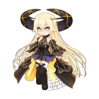 1girl black_boots black_dress black_halo black_sleeves blonde_hair boots breasts chibi chibi_only closed_mouth crossed_bangs detached_sleeves dress full_body hair_between_eyes halo long_hair looking_at_viewer medium_breasts official_art ragnarok_online rigel_(ragnarok_online) showgirl_skirt simple_background sleeveless sleeveless_dress smile solo thigh_boots transparent_background very_long_hair yellow_eyes yuichirou