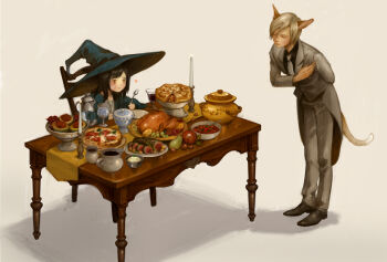 1boy 1girl animal_ears arm_on_table arm_rest bandaid bandaid_on_cheek bandaid_on_face beetroot black_hair black_hat black_robe black_shirt black_shoes blonde_hair blush bowl brown_eyes butler candle candlestand cat_boy cat_ears cat_tail chair chalice closed_eyes closed_mouth coffee_pot collared_shirt commentary_request cooking_pot cup drink food fork fruit grapes gravy gravy_boat grey_hat grey_jacket hand_on_own_chest hat heart holding holding_fork holding_spoon jacket leaning_forward lemon lemon_slice long_hair long_sleeves mogoshin necktie original parted_lips pear pie pizza plate robe shirt shoes short_hair simple_background sitting soup spoon standing suit_jacket table tablecloth tail white_background white_necktie witch witch_hat wooden_chair wooden_table