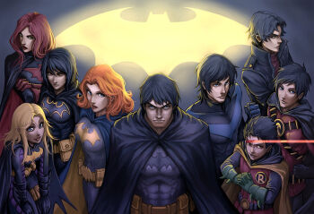 4girls 5boys barbara_gordon bat_(symbol) batgirl batman batman_(series) batwoman belt black_bat black_hair blonde_hair brothers bruce_wayne cape cassandra_cain damian_wayne dc_comics dick_grayson family gauntlets gloves jason_todd kate_kane kuroi-tsuki kurou_tsuki multiple_boys multiple_girls nightwing orange_hair red_hair red_hood_(dc) red_robin robin_(dc) siblings stephanie_brown tim_drake