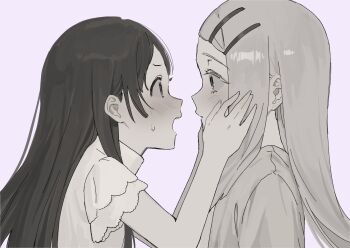 2girls blouse blush commentary_request ear_blush eye_contact face-to-face from_side gakuen_idolmaster greyscale hands_on_another's_cheeks hands_on_another's_face hands_up highres idolmaster kuramoto_china long_hair looking_at_another monochrome mosa_1120 multiple_girls open_mouth parted_lips pink_background profile robe shinosawa_hiro shirt short_sleeves simple_background small_sweatdrop upper_body yuri