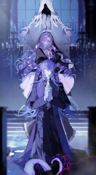 Rule 34 | 1boy, 1girl, absurdres, alternate costume, black dress, black gloves, black robe, black veil, blue hair, blurry, blurry background, blurry foreground, candlestand, cassock, clerical collar, commentary request, crack, dress, drill hair, frown, full body, galaxy, gloves, green eyes, highres, hoshirube sho, hyakumantenbara salome, indoors, juliet sleeves, long hair, long sleeves, looking at viewer, mizuki (mz), multicolored hair, nijisanji, own hands clasped, own hands together, pink eyes, priest, puffy sleeves, purple hair, robe, stairs, statue, streaked hair, tentacles, veil, virtual youtuber, white gloves, window