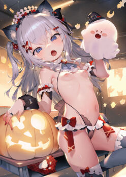 1girl animal_ear_fluff animal_ears arm_garter ascot blue_eyes blush bow breasts brooch classroom cleft_of_venus cowboy_shot decorations desk detached_collar fang female_focus ghost grey_hair hair_bow hair_ornament halloween henreader indoors jack-o&#039;-lantern jewelry loli long_hair looking_at_viewer melonbooks navel nipples one_side_up open_mouth original red_bow revealing_clothes ring school_desk skindentation small_breasts solo tail thighhighs wolf_ears x_hair_ornament