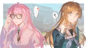 2girls absurdres adjusting_eyewear bang_dream! bang_dream!_it's_mygo!!!!! blue_eyes blue_shirt blush brown_hair cang_(akaga204) chihaya_anon chinese_commentary commentary_request diagonal-striped_clothes diagonal-striped_necktie glasses green_necktie grey_eyes grey_jacket grey_neckerchief haneoka_school_uniform heart highres jacket long_hair long_sleeves multiple_girls nagasaki_soyo neckerchief necktie open_mouth pink_hair school_uniform shirt sidelocks spoken_heart striped_clothes train tsukinomori_school_uniform twirling_hair upper_body watermark weibo_watermark