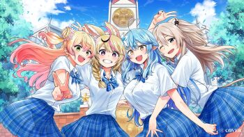 4girls ahoge animal_ear_piercing animal_ears biten black_nails blonde_hair blue_bow blue_bowtie blue_hair blue_skirt blue_sky bow bowtie commentary_request copyright_notice day double_bun elf fox_ears fox_girl gradient_hair green_eyes grey_eyes grey_hair grin hair_bun heart heart_ahoge highres hololive hug lion_ears lion_girl lion_tail looking_at_viewer momosuzu_nene multicolored_hair multiple_girls nail_polish nepolabo official_alternate_costume omaru_polka one_eye_closed open_mouth orange_nails outdoors plaid_bow plaid_bowtie plaid_clothes plaid_skirt pointy_ears purple_eyes school_gateway shirt shishiro_botan side-by-side skirt sky smile tail v virtual_youtuber white_shirt yellow_eyes yukihana_lamy