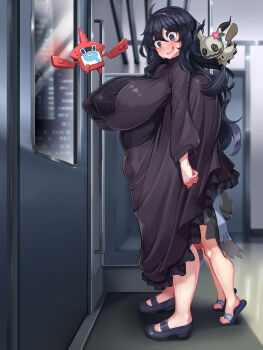 1futa 1girl @_@ acerola_(pokemon) ahoge alternate_breast_size_(larger) alternate_color black_dress black_eyes black_footwear black_hair blush breasts city covered_erect_nipples dress futa_with_female futanari gen_4_pokemon gen_7_pokemon hairband hex_maniac_(pokemon) hex_maniac_(pokemon_xy) highres huge_breasts implied_futanari indoors kawahagitei long_hair long_sleeves mimikyu nintendo open_mouth pokemon pokemon_(anime) pokemon_(creature) pokemon_sm_(anime) pokemon_xy rotom rotom_dex sandals shiny_pokemon smile standing sweat testicles tiptoes toes train train_interior turtleneck under_skirt