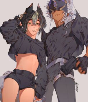 Rule 34 | 2boys, absurdres, animal ear fluff, animal ears, black hair, black mask, black pants, black shirt, black shorts, closed mouth, crop top, cyno (genshin impact), dark-skinned male, dark skin, fox boy, fox ears, genshin impact, green eyes, green hair, gun, handgun, highres, holding, holding gun, holding weapon, kynlv, long hair, long sleeves, male focus, midriff, multicolored hair, multiple boys, navel, pants, shirt, short hair, shorts, streaked hair, tighnari (genshin impact), weapon, white hair