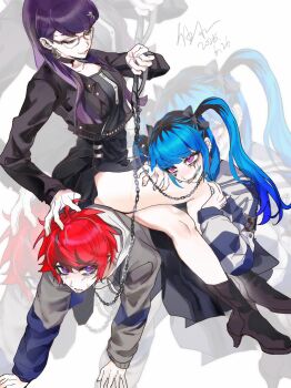 1boy 2girls absurdres ahoge all_fours amemiya_darumi bisexual_female black_boots black_hair black_jacket black_streaks blue_eyes blue_hair blue_jacket blush boots bow chain chain_leash chained choker closed_eyes collar commentary_request dated earrings facial_mark glasses grey_jacket hair_bow hands_on_another&#039;s_leg heart heart_facial_mark hetero highres holding holding_leash hood hoodie jacket jacket_over_hoodie jewelry leash long_hair looking_at_another makeup multicolored_hair multicolored_jacket multiple_girls nose_blush pink_eyes purple_hair red_hair roots_(hair) runny_makeup shirt shizuhara_hiruko short_hair signature sitting sitting_on_person smile streaked_hair striped_clothes striped_shirt sumino_takumi sweatdrop the_hundred_line_-last_defense_academy- twintails two-tone_jacket white_hoodie wushui2333 zoom_layer