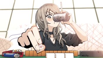 1girl ashtray beer_can between_fingers black_choker black_shirt blush can choker cigarette cigarette_pack commentary_request drink_can drinking foreshortening girls_band_cry grey_eyes grey_hair highres holding holding_can holding_cigarette indoors kawaragi_momoka lighter long_hair looking_at_viewer mahjong mahjong_table mahjong_tile man_watching_tv_(meme) meme nagatsuka_tyh photo-referenced shirt solo table v-shaped_eyebrows