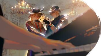 2boys alhaitham_(genshin_impact) asymmetrical_sidelocks black_gloves black_shirt blonde_hair chandelier closed_mouth deerstalker feathers genshin_impact gloves grey_hair hair_between_eyes hat hat_feather highres holding holding_smoking_pipe instrument kaveh_(genshin_impact) long_hair long_sleeves male_focus multicolored_hair multiple_boys necktie piano red_eyes red_necktie shirt short_hair sidelocks smoking_pipe youlili