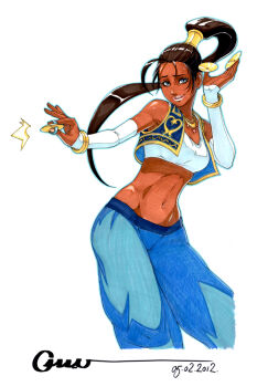 Rule 34 | 1girl, arabian clothes, arika, belly dancer, blue eyes, brown hair, capcom, dancer, dark-skinned female, dark skin, dated, female focus, finger cymbals, hair ornament, jewelry, lips, long hair, marker (medium), midriff, navel, necklace, omar dogan, ponytail, pullum purna, signature, solo, street fighter, street fighter ex (series), tank top, traditional media, vest