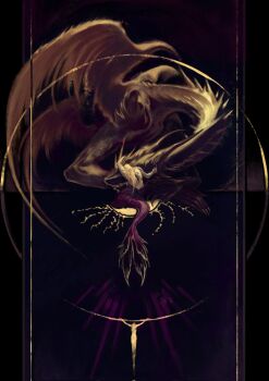 1boy 1other ancient_dragon_(elden_ring) black_background blonde_hair claws commentary cruentum_noctis dragon elden_ring english_commentary fins fish_tail from_behind godwyn_the_golden great_rune_(elden_ring) highres hug lichdragon_fortissax limited_palette long_hair merman monster_boy muscular muscular_male queen_marika_the_eternal rune_of_death sharp_teeth tail teeth topless_male wings