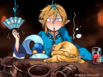 Rule 34 | 1boy, 2girls, aqua (konosuba), blonde hair, blue hair, blush, bottle, braid, crossover, cup, drinking, drinking straw, drunk, french braid, girl sandwich, hair ornament, hair rings, highres, implied fellatio, kono subarashii sekai ni shukufuku wo!, link, looking at viewer, mug, multiple girls, nintendo, nose blush, pointy ears, princess zelda, sandwiched, short hair, sidelocks, single hair ring, snegovski, table, tearing up, the legend of zelda, the legend of zelda: breath of the wild, the legend of zelda: tears of the kingdom, tunic, under table