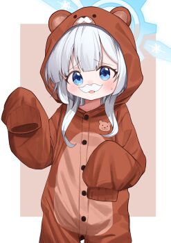 1girl animal_costume animal_ears animal_hood animal_print bear_costume bear_ears bear_hood bear_print blue_archive blue_eyes blue_halo blush cherino_(blue_archive) fake_facial_hair fake_mustache halo highres hood led_winter solo white_hair white_mustache