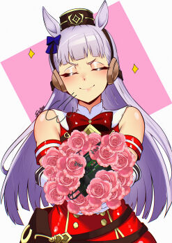 1girl absurdres animal_ears armband bare_shoulders belt_pouch blunt_bangs bomb bouquet bow bowtie closed_eyes commentary dress ear_bow ear_covers ear_ornament ear_ribbon english_commentary explosive flower fukou gloves gold_ship_(red_strife)_(umamusume) gold_ship_(umamusume) highres holding holding_bouquet horse_ears horse_girl horseshoe_ornament long_hair outstretched_arms pillbox_hat pouch red_bow red_bowtie red_dress signature simple_background sleeveless sleeveless_dress solo sparkle umamusume white_background white_gloves white_hair