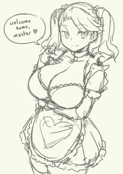 1girl alternate_costume apron arm_under_breasts breasts cleavage closed_mouth commentary_request cowboy_shot english_text enmaided grey_background gundam gundam_build_fighters gundam_build_fighters_try heart heart_print highres large_breasts looking_at_viewer maid medium_hair miniskirt pas_(paxiti) pleated_skirt print_apron puffy_short_sleeves puffy_sleeves sazaki_kaoruko short_sleeves simple_background skirt smile solo speech_bubble split_mouth spoken_heart standing swept_bangs thighhighs twintails waist_apron zettai_ryouiki