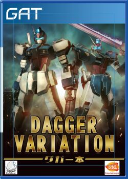 105_dagger blue_eyes blue_visor cover fake_cover fujikusa game_console glowing glowing_eyes gun gundam gundam_seed holding holding_gun holding_sword holding_weapon logo_parody mecha mobile_suit no_humans official_art parody playstation_4 radio_antenna robot science_fiction strike_dagger sword v-fin video_game_cover weapon