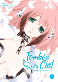 1girl angel angel_wings artist_name breasts broken broken_chain chain collar copyright_name english_text feathered_wings green_eyes hair_between_eyes half-closed_eyes ikaros large_breasts leotard lips looking_at_viewer metal_collar minazuki_suu official_art open_mouth pink_hair pink_wings robot_ears sidelocks solo sora_no_otoshimono tareme upper_body white_leotard white_wings wings