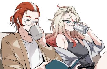 1boy 1girl alternate_costume alternate_hairstyle blonde_hair blue_eyes book breasts brown_cardigan can cardigan closed_eyes commentary_request controller couch cowlick cup drinking ebi_(shrimp_eleven) glasses gradient_hair grey_jacket griselle_(pokemon) grisham_(pokemon) hair_down hair_pulled_back highres holding holding_book holding_can holding_cup holding_remote_control jacket large_breasts looking_ahead multicolored_hair nintendo on_couch open_book open_cardigan open_clothes pokemon pokemon_legends:_z-a ponytail remote_control short_ponytail tank_top two-tone_hair upper_body white-framed_eyewear