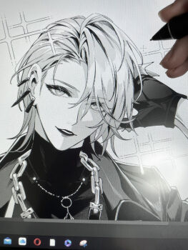 1girl art_tools_in_frame artist&#039;s_hand_in_frame asymmetrical_hair chain chain_necklace collared_jacket commentary_request ear_piercing earrings eyes_visible_through_hair eyeshadow fingerless_gloves gloves grey_background greyscale hair_over_one_eye hand_in_own_hair highres jacket jewelry lapels leather leather_jacket lens_flare lipstick long_sleeves looking_at_viewer makeup mascara monochrome multiple_earrings necklace notched_lapels open_mouth path_to_nowhere photo_(medium) piercing shirt shirt_partially_tucked_in smile solo sparkle stud_earrings stylus teeth toho10min turtleneck turtleneck_shirt upper_body zoya_(path_to_nowhere)