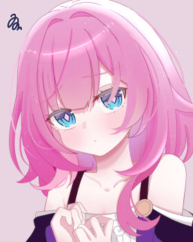 Rule 34 | 1girl, aimai (pixiv 75842622), bare shoulders, blue eyes, blush, collarbone, commentary request, cyrene (aedes elysiae) (honkai: star rail), cyrene (honkai: star rail), dress, grey background, hair intakes, honkai: star rail, honkai (series), looking at viewer, medium hair, off-shoulder dress, off shoulder, pink hair, pink pupils, simple background, solo, squiggle, upper body