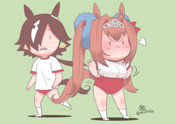 Rule 34 | 2girls, :<, animal ears, breast envy, breasts, brown hair, buruma, chibi, chibi only, closed mouth, commentary request, daiwa scarlet (umamusume), flat chest, full body, green background, gym uniform, hair intakes, hair over one eye, horse ears, horse girl, horse tail, large breasts, long hair, multiple girls, onikobe rin, open mouth, red buruma, shirt, short hair, short sleeves, simple background, socks, standing, tail, tiara, triangular headpiece, twintails, umamusume, very long hair, vodka (umamusume), white shirt, white socks