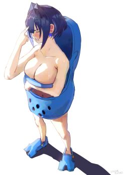 1girl absurdres anger_vein blue_footwear blue_hair blush bow bow_earrings breasts cleavage clenched_teeth crocs earrings erasorpepero hair_intakes hand_up highres hololive hololive_english jewelry large_breasts navel ouro_kronii short_hair simple_background solo teeth virtual_youtuber white_background