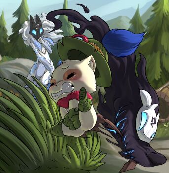 1boy 1girl ass clenched_teeth closed_eyes fur_collar furry furry_female furry_male glowing glowing_eyes goggles goggles_on_headwear grass green_footwear green_headwear hand_up highres kindred_(league_of_legends) lamb_(league_of_legends) league_of_legends lkiws mask outdoors sharp_teeth shota teemo teeth torn_clothes tree wolf_(league_of_legends) yordle