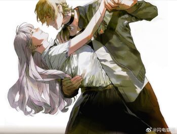 1boy 1girl black_skirt blonde_hair couple dancer dancing gba_dod original shirt skirt smile watermark weibo_watermark white_shirt