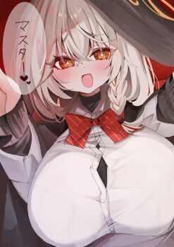 +_+ 1girl :d alternate_breast_size_(larger) black_sweater blue_archive blush bow bowtie braid breasts commentary_request crossed_bangs diagonal-striped_bow diagonal-striped_bowtie diagonal-striped_clothes eri_(blue_archive) hair_between_eyes hat highres huge_breasts ichigo_moka long_hair long_sleeves open_mouth orange_eyes reaching reaching_towards_viewer red_bow red_bowtie shirt side_halo single_braid smile solo speech_bubble striped_bow striped_bowtie striped_clothes sweater white_hair white_shirt witch_hat