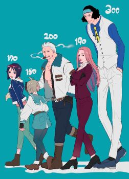 2girls 3boys :d absurdres ankle_boots antenna_hair aokiji_(one_piece) aqua_sailor_collar aqua_skirt arms_under_breasts belt black_eyes black_gloves black_hair black_pants black_pantyhose black_shoes black_socks blue_background blue_jacket blue_shirt blue_shoes blush boots breasts brown_belt brown_boots brown_shoes buttons chain_smoking character_request cigar cleavage closed_mouth collarbone collared_shirt commentary_request crossed_arms curtained_hair eyewear_on_head full_body fur-trimmed_jacket fur-trimmed_sleeves fur_trim glasses gloves green_pants grey_hair hand_in_pocket hands_in_pockets height height_lineup highres hina_(one_piece) jacket jitome kabane_(rjev8385) lace-up_boots large_breasts lipstick long_hair long_legs long_sleeves looking_at_another makeup mouth_hold multiple_boys multiple_girls muscular muscular_male necktie no_shirt oc_x_canon one_piece open_clothes open_jacket open_mouth original pants pantyhose parted_bangs pectorals pink_hair pink_shirt ponytail popped_collar red-framed_eyewear red_jacket red_lips red_pants sailor_collar shirt shoes short_hair short_ponytail simple_background skirt smile smoke smoke_trail smoker_(one_piece) smoking socks socks_over_pantyhose straight_hair suit_jacket tall_female tall_male tashigi vest waistcoat walking white_hair white_jacket white_pants white_shirt white_socks white_vest wing_collar yellow_necktie