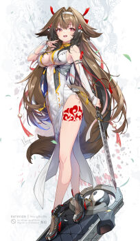 1girl artist_name black_shoes breasts brown_hair commentary_request dress full_body hairband highres holding holding_sword holding_weapon hong_(white_spider) leg_tattoo long_hair looking_at_viewer medium_breasts open_mouth shoes smile solo standing sword tattoo thighs weapon white_dress white_hairband ye_shunguang zenless_zone_zero