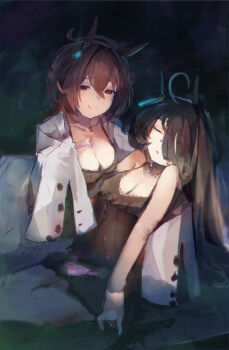 2girls absurdres agnes_tachyon_(umamusume) ahoge animal_ears black_hair blush breasts brown_hair chemical_structure cleavage closed_eyes closed_mouth coat dripping ear_tag earrings hair_between_eyes hand_on_another's_back highres holding holding_test_tube horse_ears horse_girl huge_ahoge jewelry lab_coat large_breasts liquid long_hair long_hair_between_eyes long_sleeves looking_at_viewer manhattan_cafe_(umamusume) multicolored_hair multiple_girls parted_lips red_eyes single_earring sleeping sleeves_past_fingers sleeves_past_wrists small_breasts smile test_tube umamusume very_long_hair white_coat white_hair wide_sleeves wista