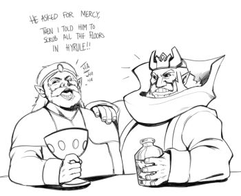 2boys beard bottle chalice crossover crown cup daphnes_nohansen_hyrule english_text faces_of_evil facial_hair friends king king_harkinian king_of_hyrule laughing male_focus modeseven monochrome multiple_boys mustache nintendo pointy_ears robe smile teeth text_focus the_legend_of_zelda the_legend_of_zelda:_the_wind_waker the_legend_of_zelda_(cd-i) tiara zelda:_the_wand_of_gamelon
