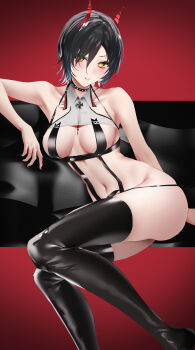 1girl absurdres arm_behind_back ass azur_lane bare_shoulders black_choker black_hair black_nails blush boots breasts choker collar cross expressionless hair_over_one_eye hand_up highres horns iron_cross junpaku_karen leaning_to_the_side legs_folded legs_together looking_at_viewer medium_breasts medium_hair multicolored_hair nail_polish navel panty_straps parted_lips sitting slit_pupils solo spiked_choker spikes thigh_boots thighs two-tone_hair ulrich_von_hutten_(azur_lane) white_hair yellow_eyes