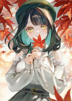 1girl autumn autumn_leaves belt beret black_belt black_hair clothing_cutout colored_inner_hair commentary_request falling_leaves green_hair grey_skirt hat highres holding holding_leaf indie_virtual_youtuber leaf light_smile long_sleeves maple_leaf medium_hair multicolored_hair nxmly outdoors own_hands_together puffy_long_sleeves puffy_sleeves scarf second-party_source shoulder_cutout skirt sweater sweater_tucked_in upper_body white_scarf white_sweater yellow_eyes