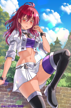 1girl absurdres antenna_hair arm_support black_boots blue_sky boots breasts brick_wall cloud commentary_request crop_top cropped_jacket dark-skinned_female dark_skin day fire_emblem fire_emblem:_three_houses groin hair_between_eyes hapi_(fire_emblem) highres jacket jewelry knee_up light_blush long_hair looking_at_viewer medium_breasts midriff navel necklace nintendo open_clothes open_jacket outdoors parted_lips partial_commentary purple_thighhighs purple_tube_top red_eyes red_hair short_sleeves sidelocks sitting skindentation skirt sky solo strapless thigh_boots thighhighs tree tube_top twitter_username wade_(njud8343) white_jacket white_skirt wristband