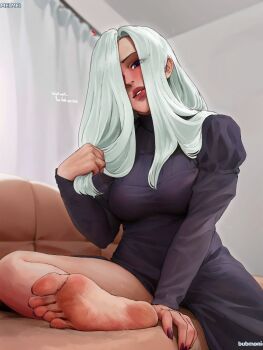 1girl artist_name barefoot black_dress breasts bubmoni couch dirty dirty_feet dress english_text feet foot_focus hair_over_one_eye highres indoors long_hair looking_at_viewer nail_polish purple_eyes purple_nails sitting soles solo toes white_hair