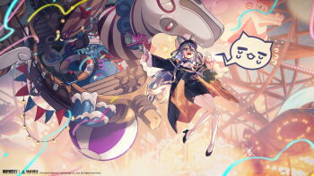 1girl absurdres amusement_park animal_bag animal_ear_headwear ball balloon black_coat black_dress black_shoes blue_eyes blue_hat blue_ribbon boat coat copyright_name copyright_notice dress fake_animal_ears ferris_wheel floating flying_sweatdrops full_body fur_hat hands_up hat high_heels highres holding holding_megaphone logo long_hair looking_down megaphone neck_ribbon official_art official_wallpaper open_mouth outdoors outstretched_arm pantyhose pencil_dress ribbon shako_cap shoes short_dress solo speech_bubble spoken_expression streamers string_of_flags very_long_hair watercraft white_hat white_pantyhose xingqiyi_(xinyue_tongxing) xinyue_tongxing