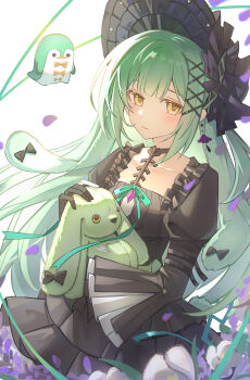 1girl absurdres animal_ears arknights bang_dream! bang_dream!_it&#039;s_mygo!!!!! black_bonnet black_dress black_gloves bonnet closed_mouth cowboy_shot dress floppy_ears flower frilled_dress frills gloves gothic_lolita green_hair hair_ornament hanalin highres holding holding_stuffed_toy juliet_sleeves lolita_fashion long_hair long_sleeves looking_at_viewer puffy_sleeves purple_flower rabbit_ears rabbit_girl sidelocks solo standing stuffed_animal stuffed_penguin stuffed_rabbit stuffed_toy wakaba_mutsumi wakaba_mutsumi_(marionette&#039;s_id) x_hair_ornament yellow_eyes