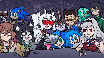 3boys 6+girls absurdres ahoge animal_ears big_chungus_(meme) black_bow black_bowtie black_eyes black_hair black_necktie blue_bow blue_bowtie blunt_bangs bone_hair_ornament bow bowtie braid breasts brown_eyes brown_hair bugs_bunny captainsparklez cirno closed_eyes closed_mouth collared_shirt crossover dog_ears dog_girl fangs fingerless_gloves fishnet_gloves fishnets furry furry_female furry_male gloves green_eyes green_jacket grey_hair grin hair_between_eyes hair_bow hair_ornament heart heart_ahoge helltaker high_ponytail highres holding holding_tray hololive horns idolmaster idolmaster_(classic) inugami_korone inugami_korone_(1st_costume) izumi_konata jacket kang_sae-byeok kenny_(ken_ashcorp) lab_coat long_hair looking_at_another looking_at_viewer looking_to_the_side looney_tunes loremaster_(helltaker) low_twin_braids lucky_star lyra_heartstrings medium_breasts medium_hair meme minecraft_youtube mole mole_under_eye multiple_boys multiple_girls my_little_pony my_little_pony:_friendship_is_magic necktie open_mouth original pale_skin panda_ears panda_girl parody ponytail rabbit_boy real_life red-tinted_eyewear red_eyes red_shirt ringed_eyes shijou_takane shirt short_hair siivagunner smile sonic_(series) sonic_the_hedgehog squid_game style_parody sunglasses tablet_pc teeth tinted_eyewear touhou track_jacket tray triple-q twin_braids upper_body upper_teeth_only vanripper_(style) virtual_youtuber waiter white_gloves white_hair white_horns