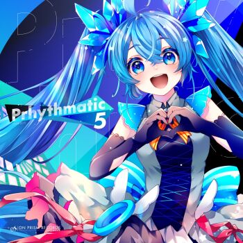 Rule 34 | 1girl, ahoge, black gloves, blue eyes, blue hair, blush, breasts, commentary request, dress, elbow gloves, gloves, hair between eyes, hair ornament, hatsune miku, heart, heart hands, highres, long hair, looking at viewer, medium breasts, open mouth, shirayuki towa, sleeveless, sleeveless dress, smile, solo, twintails, very long hair