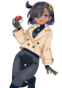 1girl :d absurdres black_bodysuit black_hair bodysuit bodysuit_under_clothes collared_jacket commentary_request emma_(pokemon) gloves hand_up happy head_tilt highres holding holding_poke_ball jacket leg_up long_sleeves looking_at_viewer nintendo one_side_up open_mouth poke_ball poke_ball_(basic) pokemon pokemon_legends:_z-a purple_eyes ring_hair_ornament short_hair simple_background smile soramame_(mvfn8342) tongue white_background