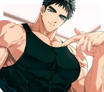 Rule 34 | 1boy, bara, black hair, black tank top, black vest, blue eyes, closed mouth, domo (domo kizusuki), highres, kokado shido (domo), large pectorals, light smile, looking at viewer, male focus, muscular, muscular male, original, pectoral cleavage, pectorals, penis, pointing, pointing at self, solo, tank top, tareme, thick eyebrows, veins, veiny arms, vest