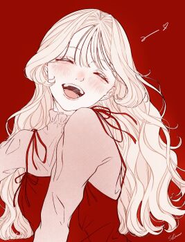 1girl blush closed_eyes eyelashes happy highres long_hair long_sleeves open_mouth original red_background red_theme shim_46 signature simple_background solo teeth tongue upper_body wispy_bangs