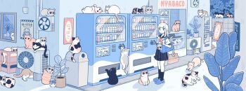 1girl animal bag black_cat black_eyes black_sailor_collar black_skirt black_socks blue_shoes brown_cat calico_(pattern) calico_cat can cat cat_stretch cigarette_pack cinder_block closed_eyes closed_mouth colorpoint commentary condenser_unit crate dot_mouth drink_can fish_in_mouth grey_cat half-closed_eyes highres iguana_taisa in_container kneehighs loafers looking_at_another looking_at_viewer looking_outside lying maneki-neko medium_hair mouth_hold neckerchief on_back on_wall orange_cat original outdoors plant pleated_skirt poster_(object) potted_plant red_neckerchief road sailor_collar school_bag school_uniform serafuku shirt shoes shop shoulder_bag sitting skirt sleeping socks soda_can standing street stretching stuffed_animal stuffed_cat stuffed_toy too_many too_many_cats translated trash_can utility_pole vending_machine walking whiskers white_cat white_hair white_shirt window