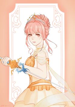 Rule 34 | 1girl, absurdres, armor, bare arms, bare shoulders, border, breastplate, brown eyes, chinese commentary, closed mouth, collar, commentary request, cowboy shot, detached collar, dress, expressionless, eyelashes, frilled dress, frills, hair bun, highres, holding, holding sword, holding weapon, infinity nikki, jiangtang455, light blush, lipstick, looking at viewer, makeup, melody bloom (infinity nikki), nikki (nikki), nikki (series), nostrils, off-shoulder dress, off shoulder, orange border, outside border, picture frame, pink hair, pink lips, pleated dress, rapier, short hair with long locks, short sleeves, sidelocks, single hair bun, solo, sword, tiara, updo, wavy hair, weapon, white background, white collar, white dress