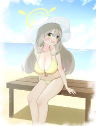 Rule 34 | 1girl, absurdres, beach, bench, bikini, blue archive, blue sky, breasts, cloud, day, front-tie bikini top, front-tie top, green eyes, grey hair, hat, highres, horizon, large breasts, long hair, miminccp, nonomi (blue archive), nonomi (swimsuit) (blue archive), ocean, outdoors, sitting, sky, smile, solo, swimsuit, white hat, yellow bikini, yellow eyes